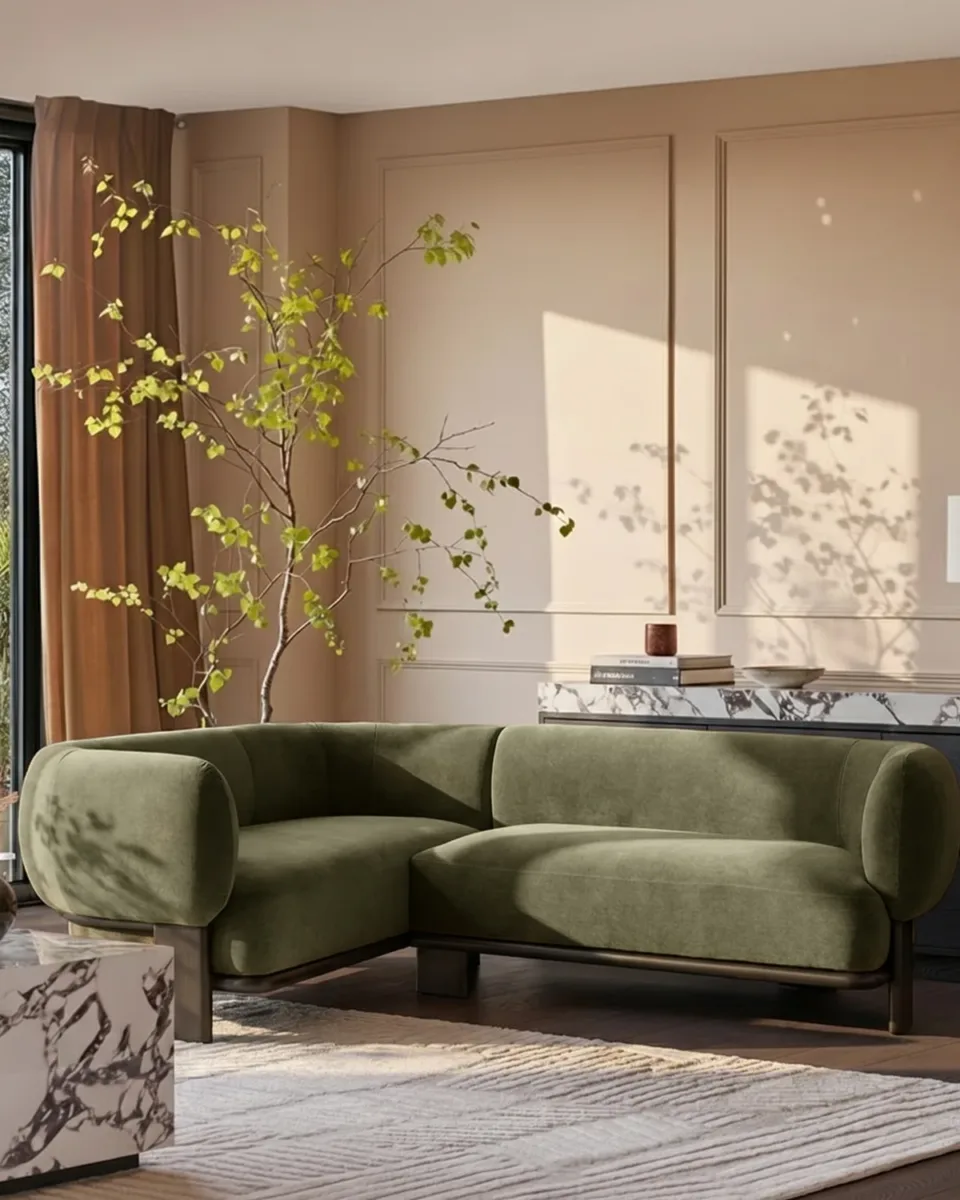 Florence olive green fabric with dark wood left hand facing small corner sofa