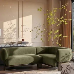 Florence olive green fabric with dark wood right hand facing small corner sofa
