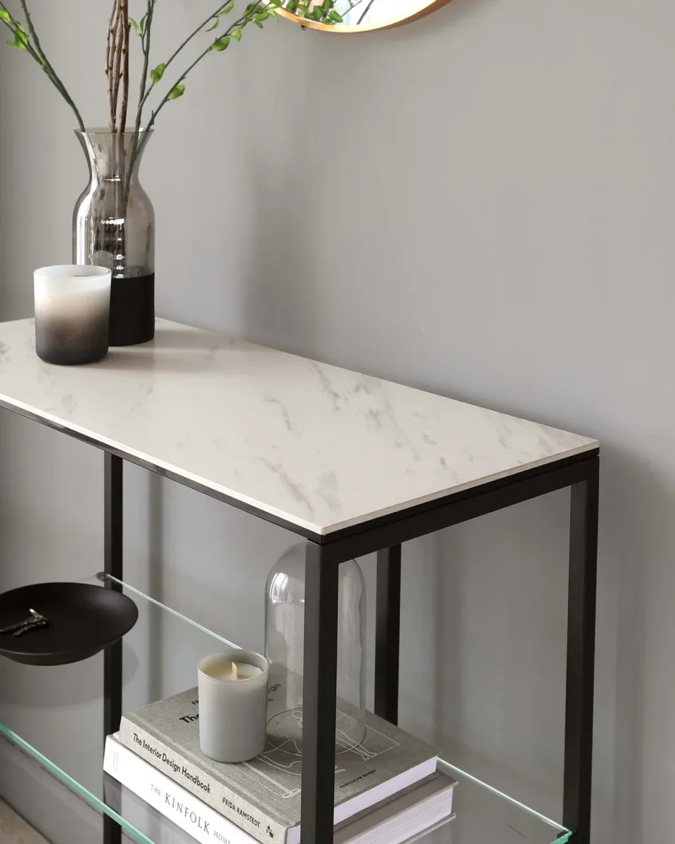 Georgia White Marbled Ceramic Small Console - Image 4