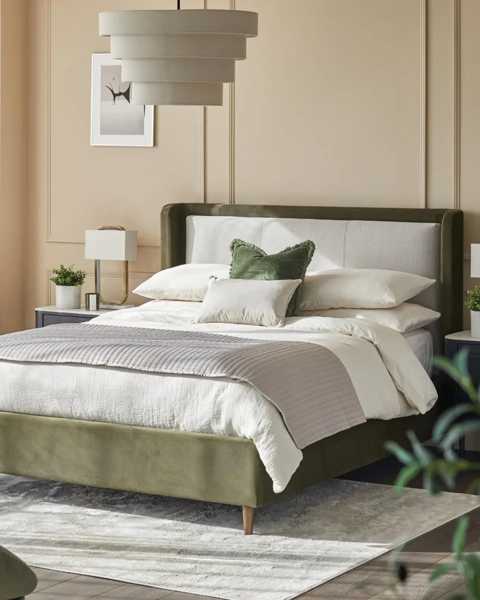 Grove natural fabric and olive green velvet super king ottoman storage bed