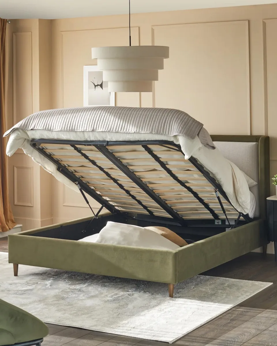 Grove natural fabric and olive green velvet super king ottoman storage bed - Image 3