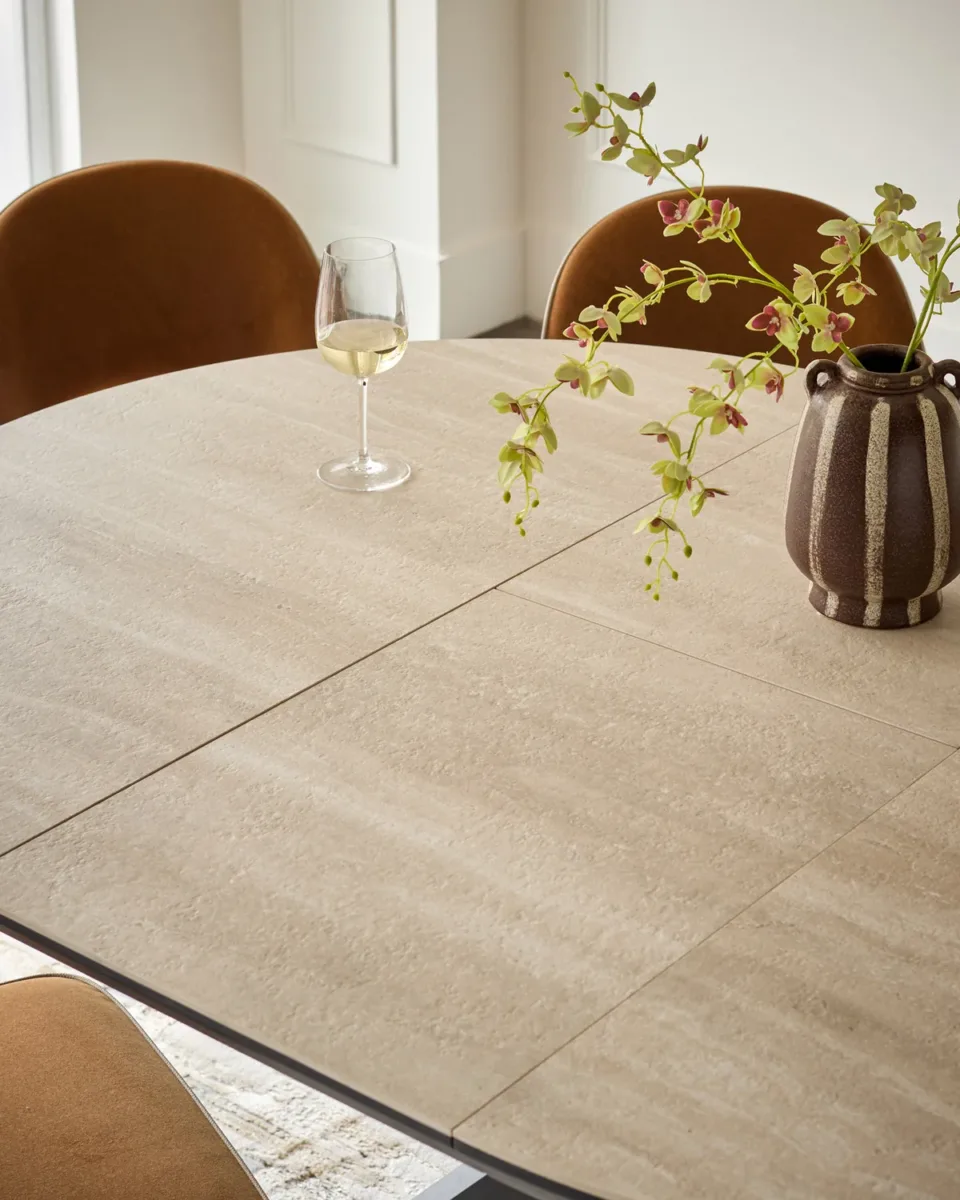 Hayden natural travertine ceramic 4-6 extending round dining table - Image 4