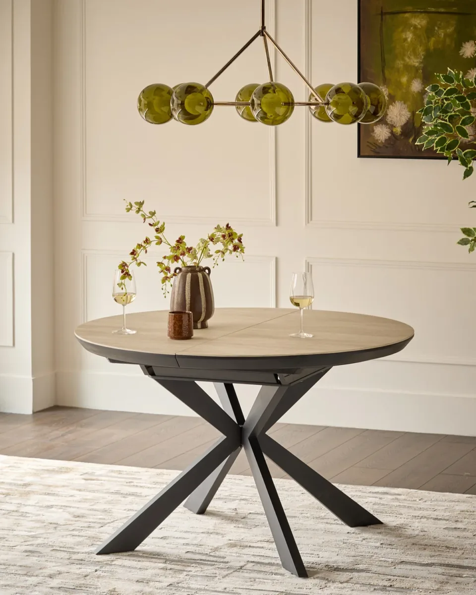 Hayden natural travertine ceramic 4-6 extending round dining table - Image 2