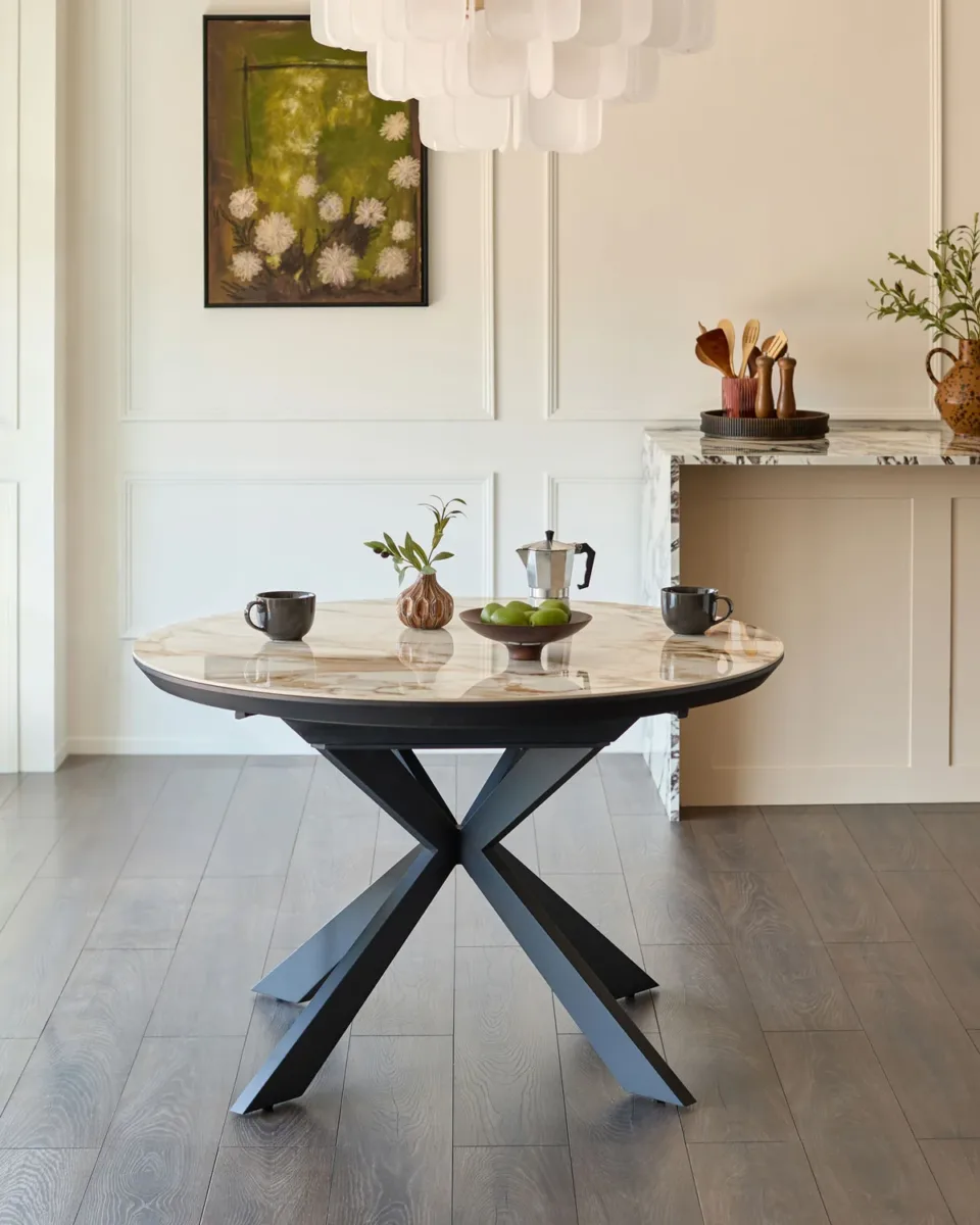 Hayden natural ceramic 4-6 extending round dining table - Image 2