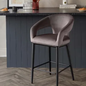 Heath Mocha Plush Velvet Black Wood Bar Stool