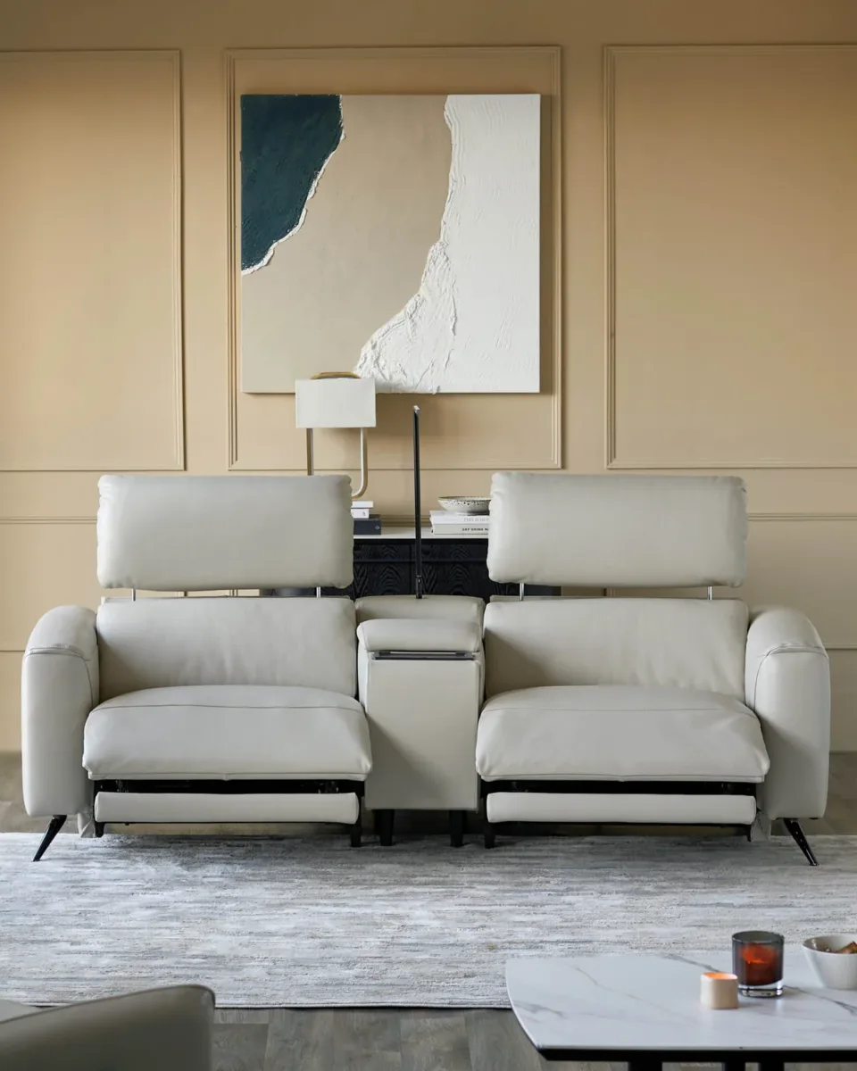 Kenzie Natural Grey Leather Recliner 2 Seater Sofa with console table - Image 2