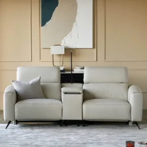 Kenzie Natural Grey Leather Recliner 2 Seater Sofa with console table