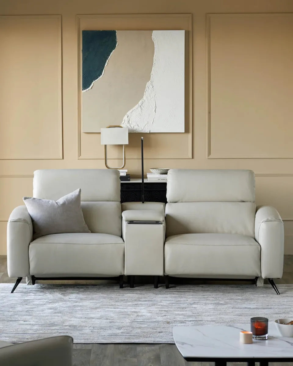 Kenzie Natural Grey Leather Recliner 2 Seater Sofa with console table