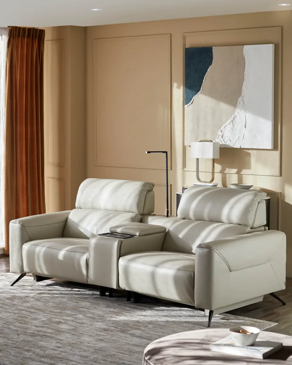 Kenzie Natural Grey Leather Recliner 2 Seater Sofa with console table - Image 3