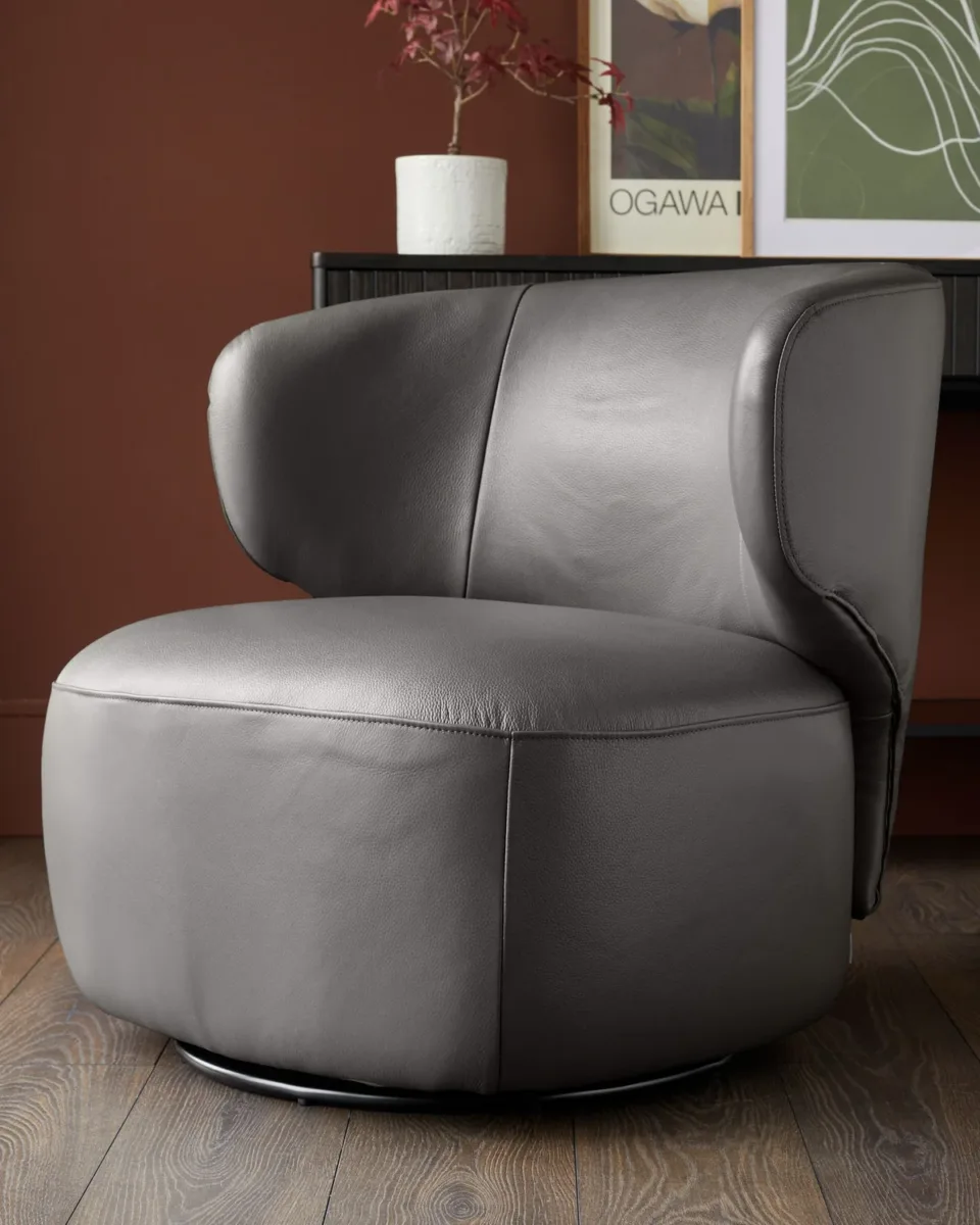 Landon dark grey leather swivel accent chair - Image 2
