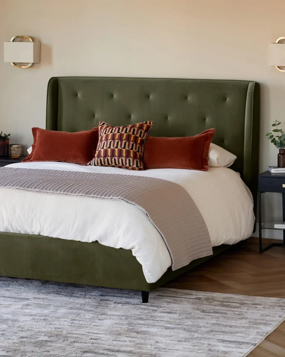 Lenora olive green velvet super king size ottoman storage bed
