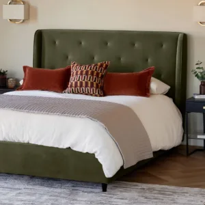 Lenora olive green velvet king size ottoman storage bed