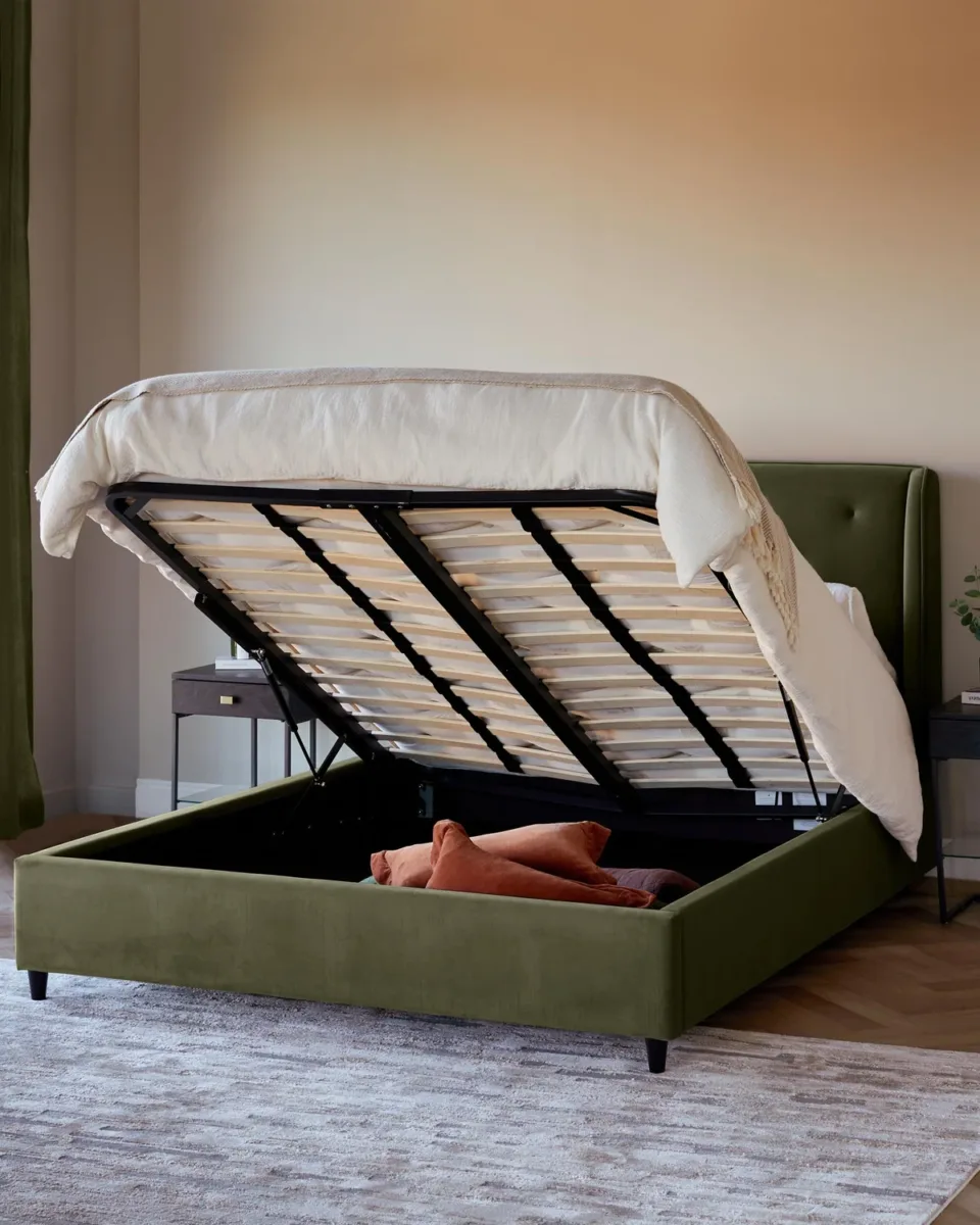 Lenora olive green velvet super king size ottoman storage bed - Image 4