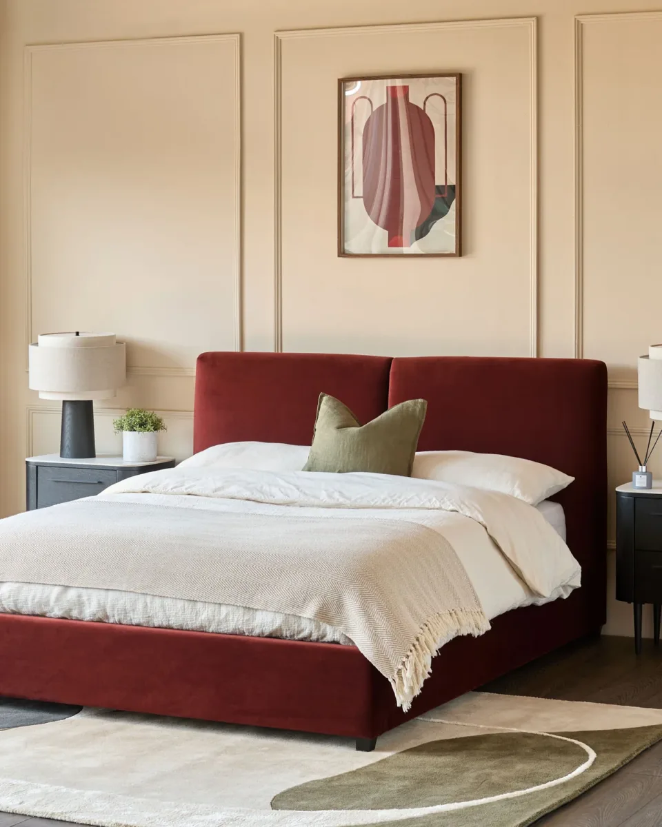 Leona toffee red velvet king ottoman storage bed