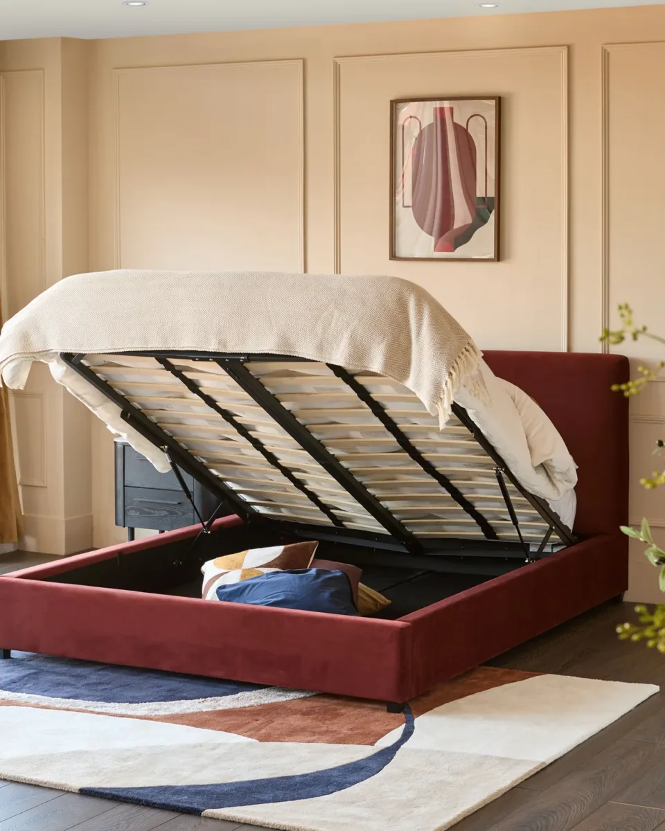Leona toffee red velvet king ottoman storage bed - Image 3