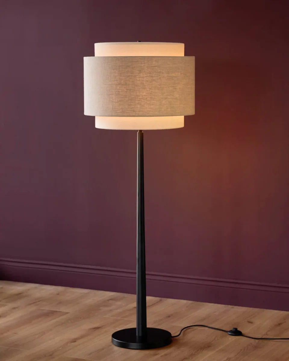 Leonie natural and mocha linen black wood floor lamp - Image 2