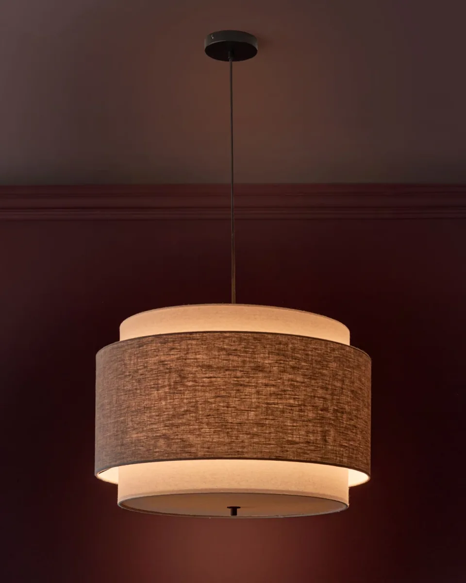 Leonie natural and mocha linen large round pendant - Image 2
