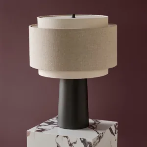 Leonie natural and mocha linen dark wood table lamp