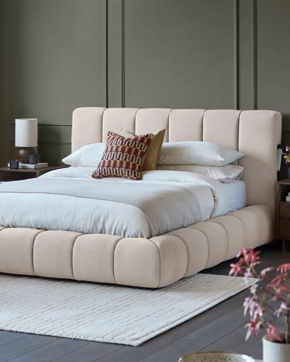 Lillian cream plush fabric king size ottoman storage bed