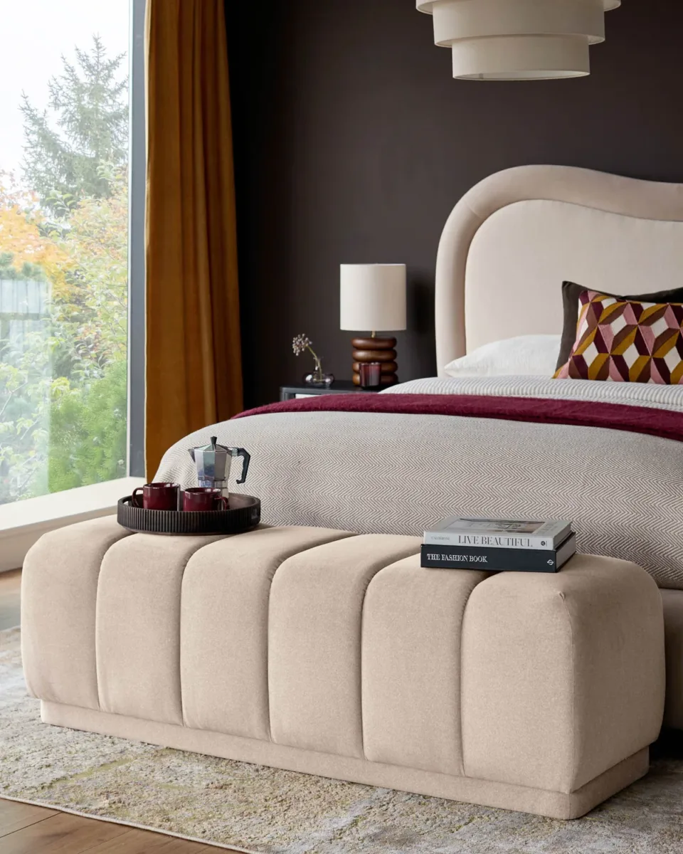 Lillian cream plush fabric bench
