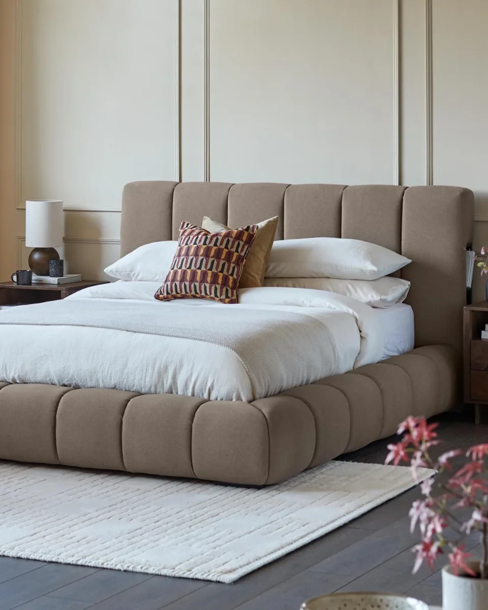 Lillian mocha fabric super king ottoman storage bed