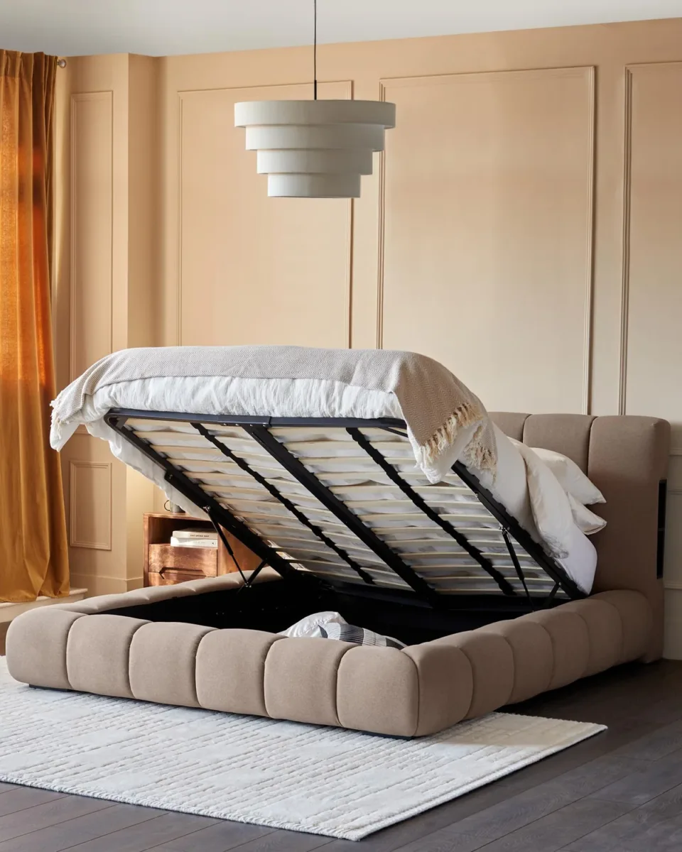 Lillian mocha plush fabric king size ottoman storage bed - Image 4