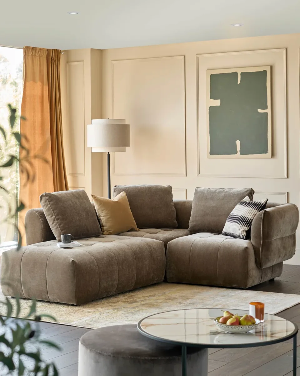 Lillian mocha fabric left hand small corner chaise sofa
