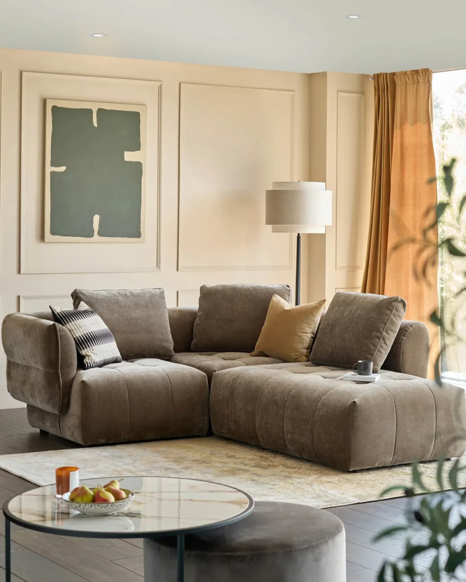 Lillian mocha fabric right hand small corner chaise sofa