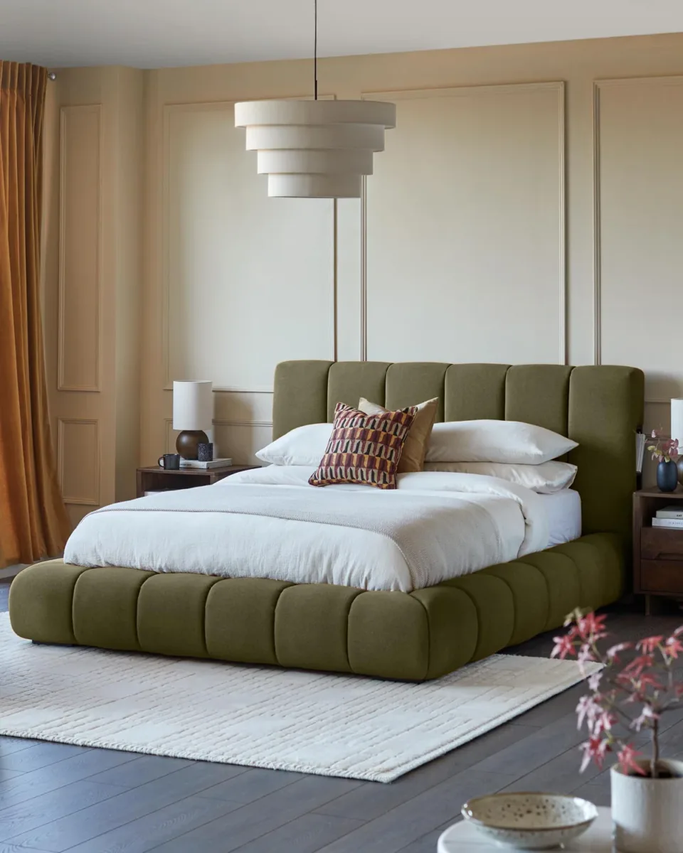 Lillian olive green fabric super king size ottoman storage bed