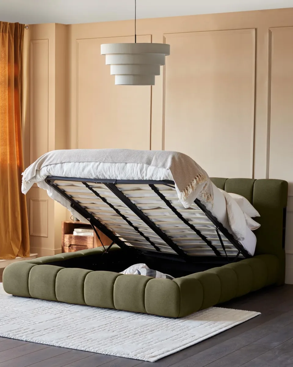 Lillian olive green fabric super king size ottoman storage bed - Image 4