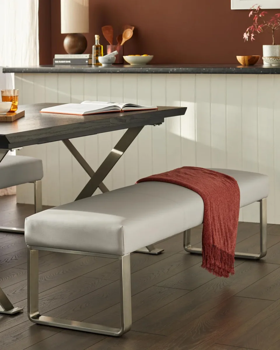 Loop 3 Seater Light Grey Faux Leather & Stainless Steel Bench Without Backrest - Image 2