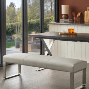 Loop 3 Seater Light Grey Faux Leather & Stainless Steel Bench Without Backrest