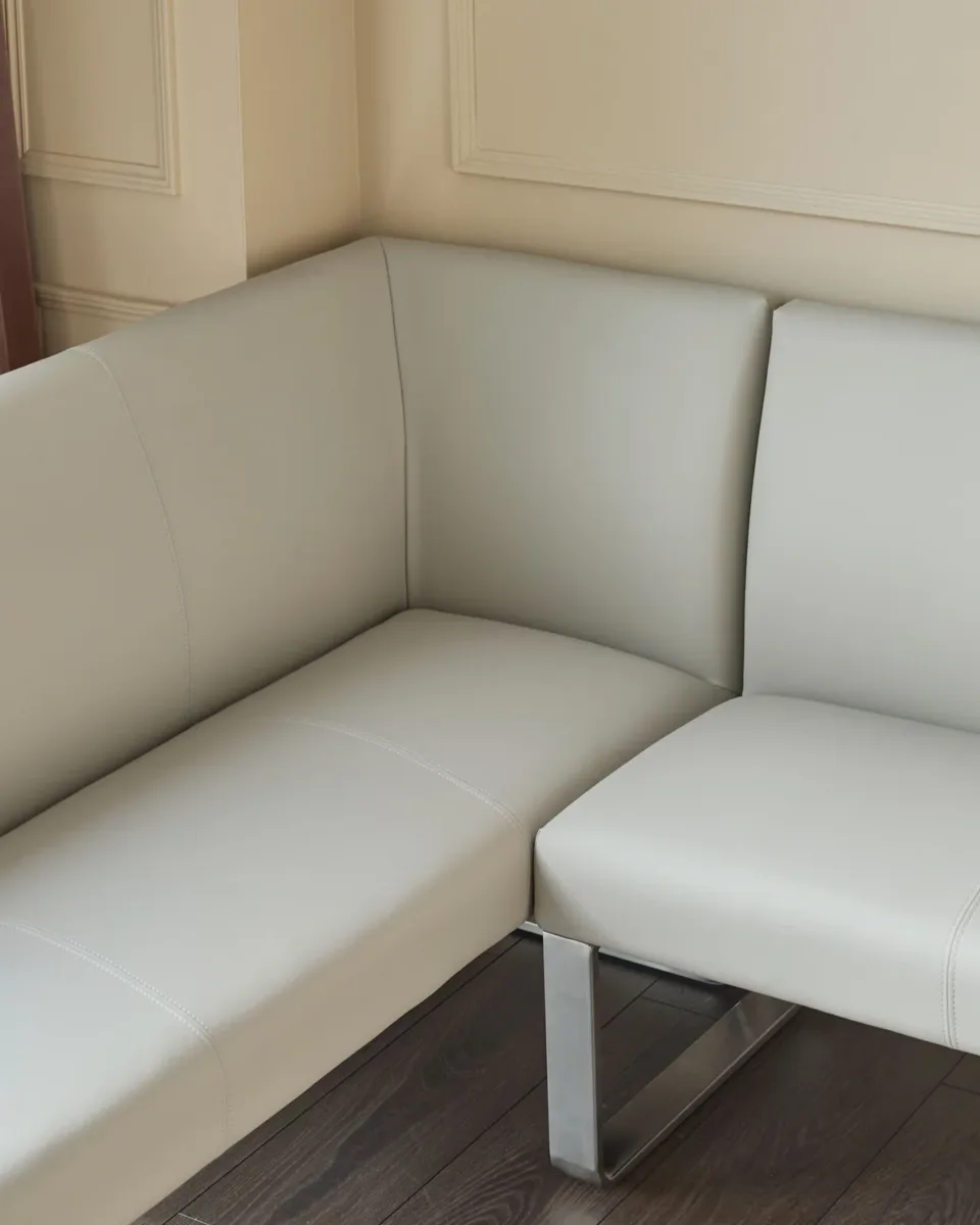 Loop 5 Seater Light Grey Faux Leather & Stainless Steel Right Hand Corner Dining Bench - Image 4
