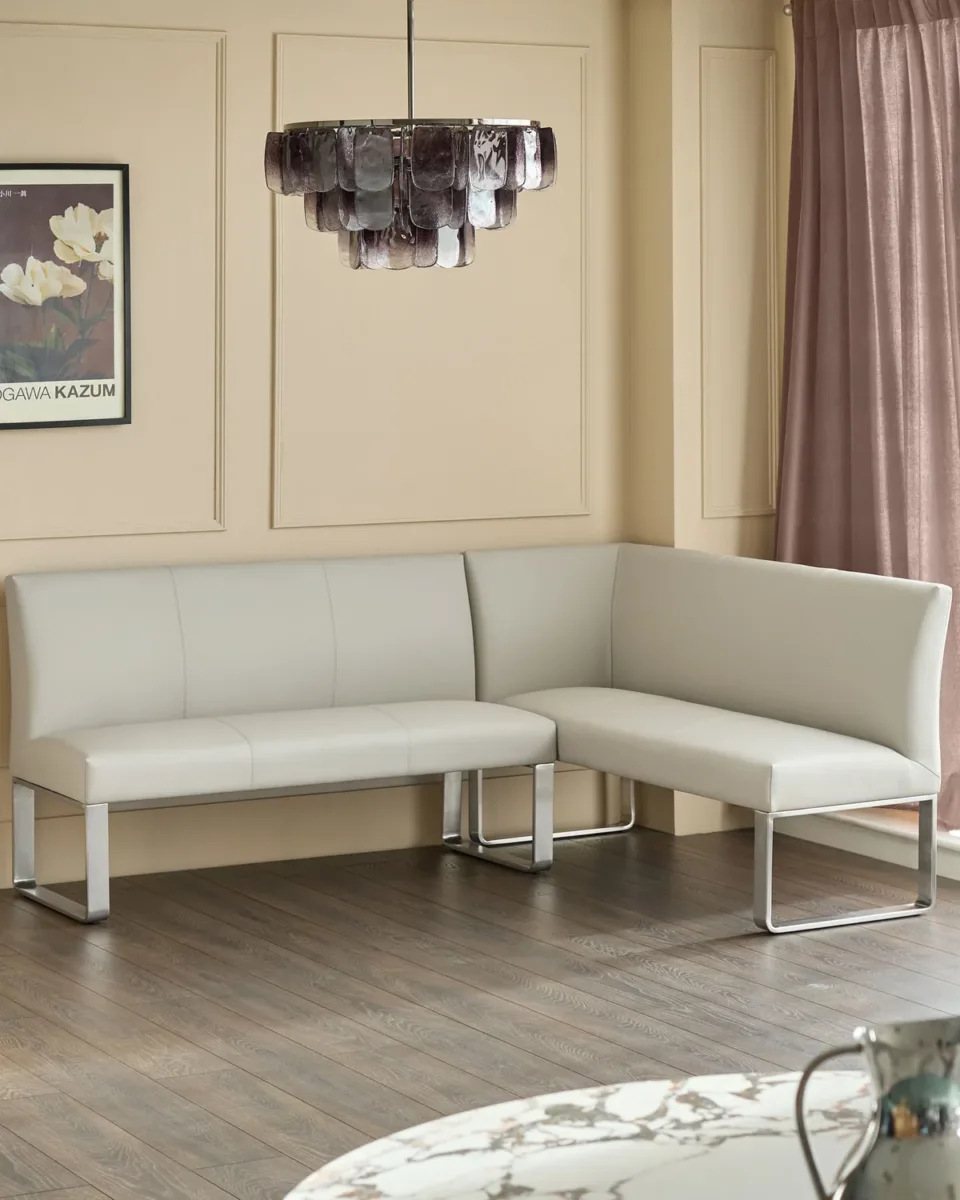 Loop 5 Seater Light Grey Faux Leather & Stainless Steel Left Hand Corner Dining Bench - Image 2