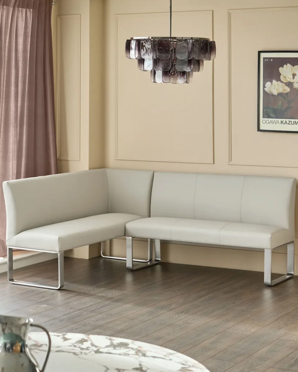 Loop 5 Seater Light Grey Faux Leather & Stainless Steel Right Hand Corner Dining Bench - Image 2