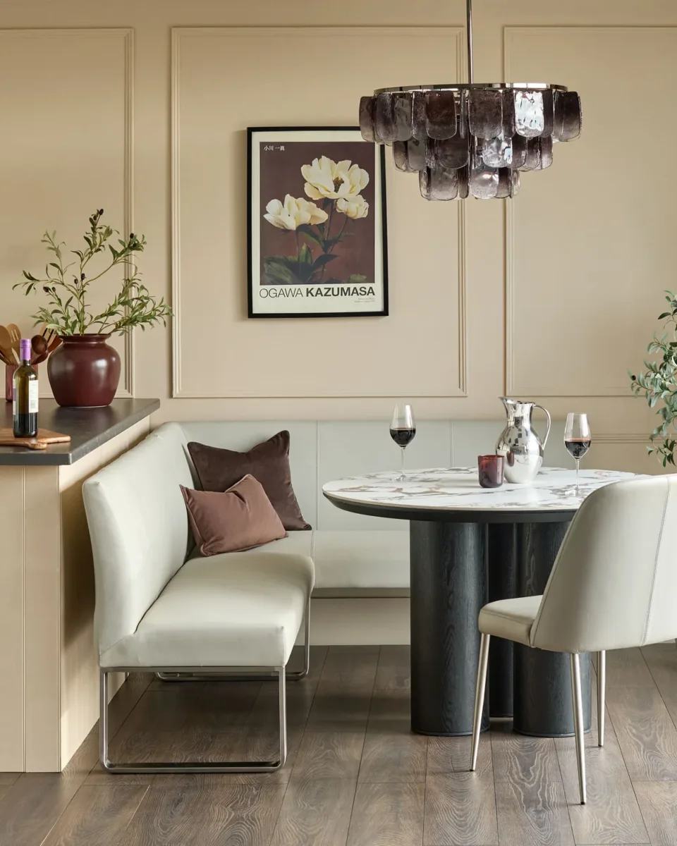 Loop 5 Seater Light Grey Faux Leather & Stainless Steel Left Hand Corner Dining Bench
