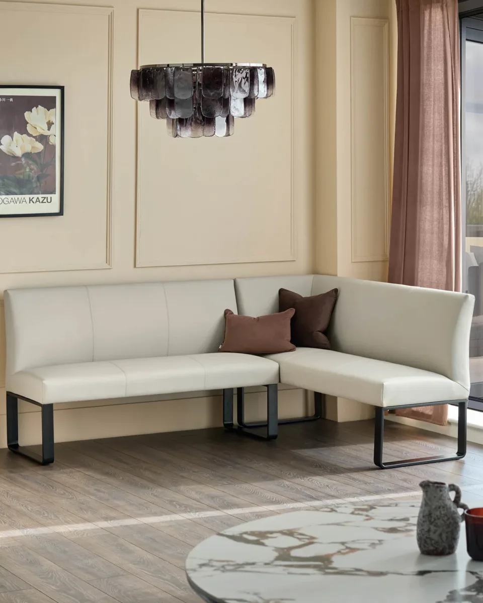 Loop 5 Seater Light Grey Faux Leather & Black Leg Left Hand Corner Dining Bench - Image 2