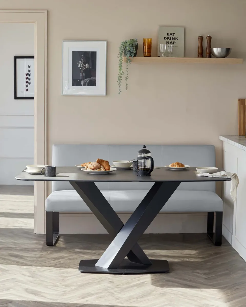 Loop 3 Seater Mid Grey & Black Leg Dining Bench With Backrest - Image 2