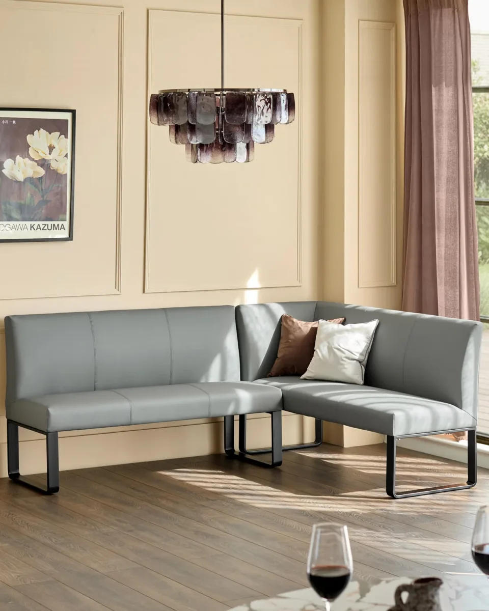 Loop 5 Seater Faux Leather Mid Grey Left Hand Corner Dining Bench - Image 2