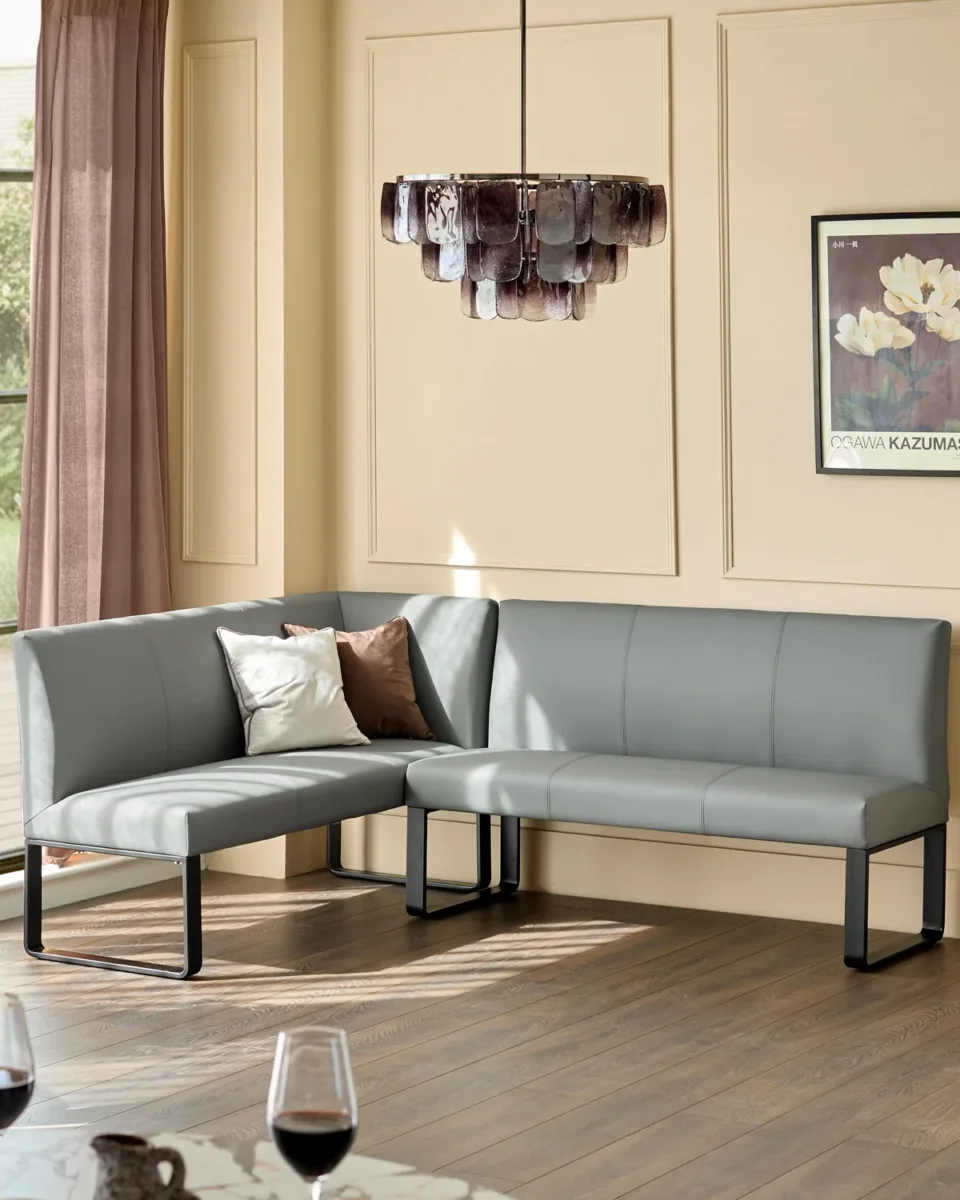 Loop 5 Seater Mid Grey Faux Leather Right Hand Corner Dining Bench - Image 2