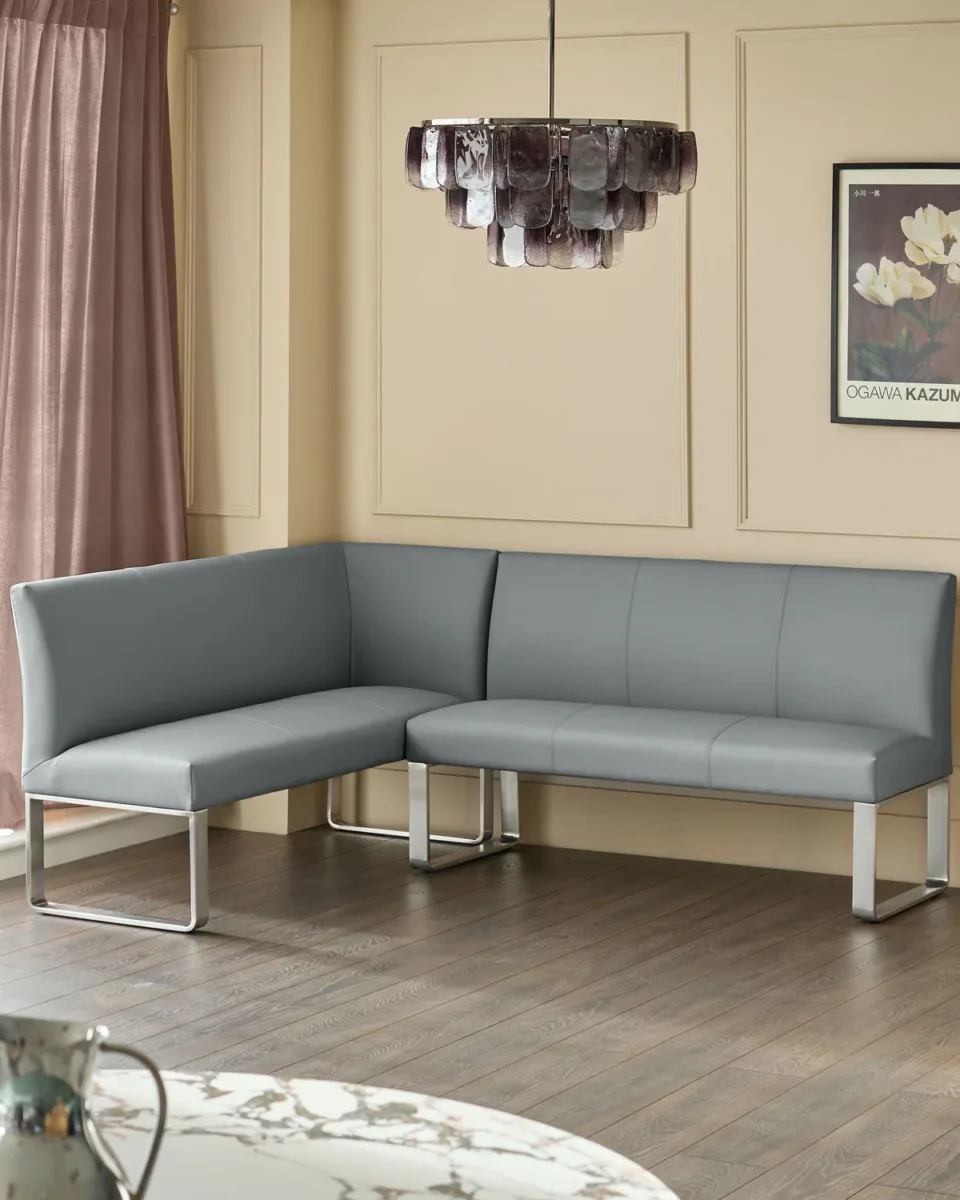 Loop 5 Seater Grey Faux Leather & Stainless Steel Right Hand Corner Dining Bench - Image 2