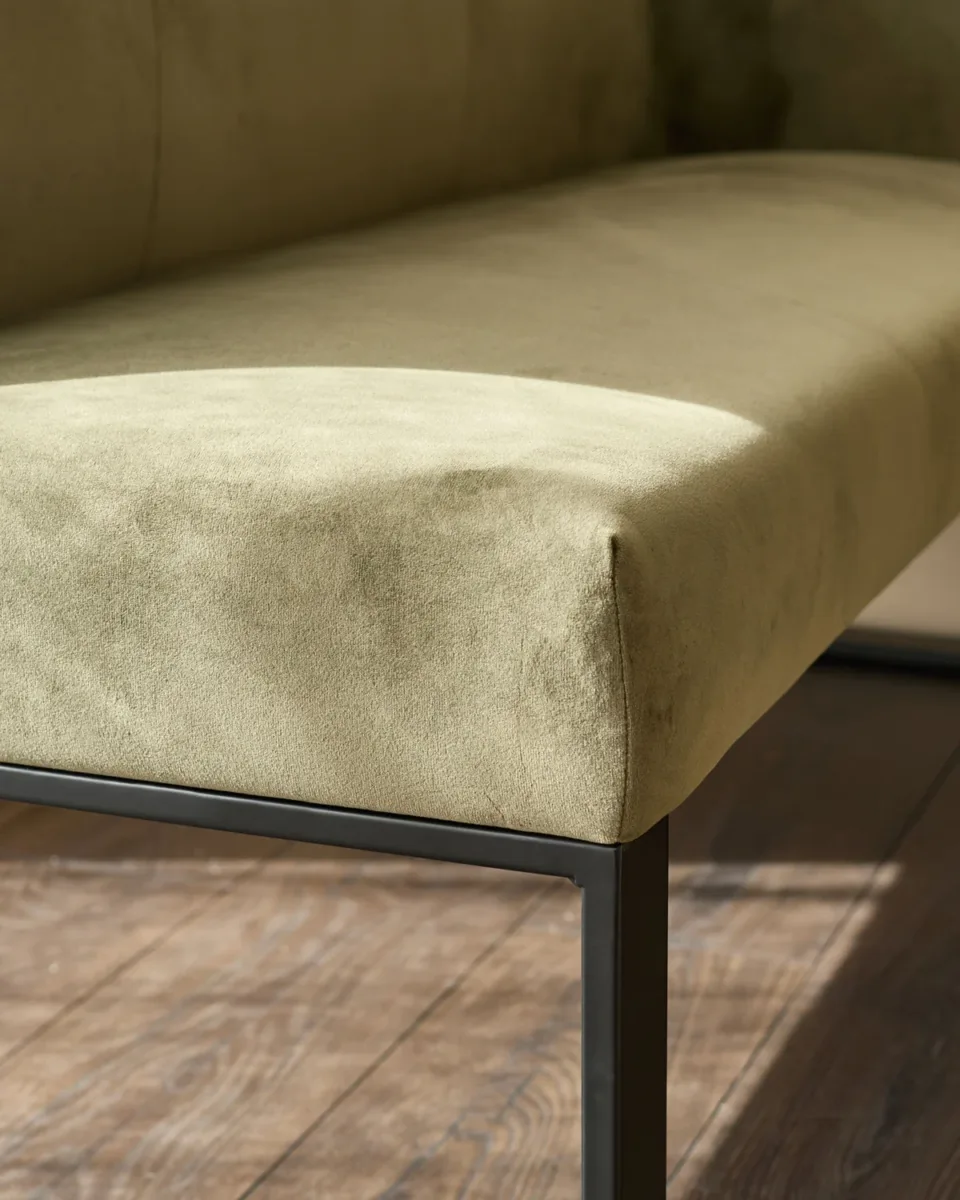 Loop olive green velvet black metal right hand corner 5 seater dining bench - Image 4