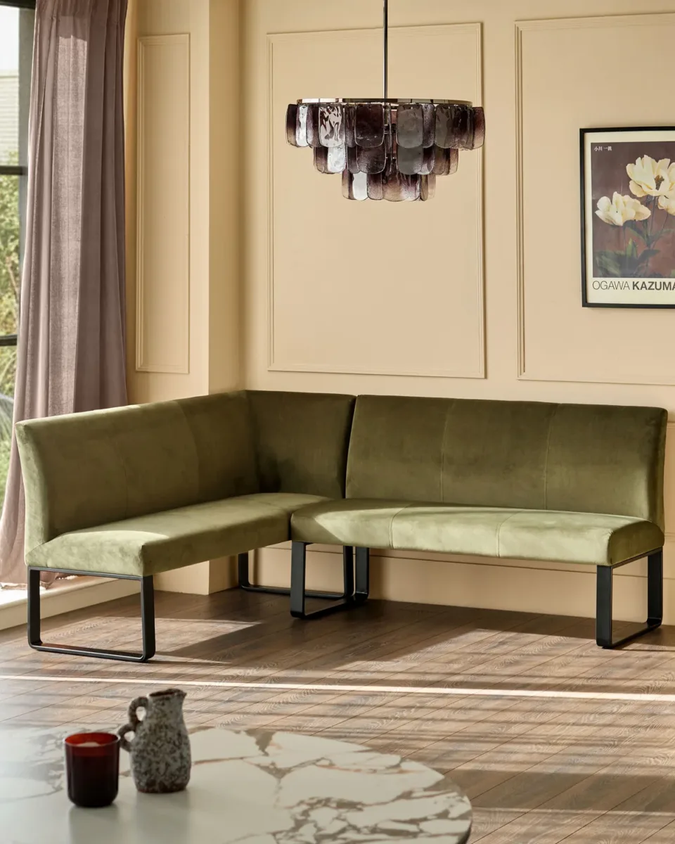 Loop olive green velvet black metal right hand corner 5 seater dining bench - Image 2