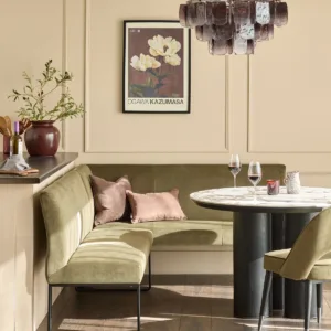 Loop olive green velvet black metal left hand corner 5 seater dining bench