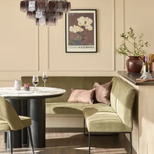 Loop olive green velvet black metal right hand corner 5 seater dining bench