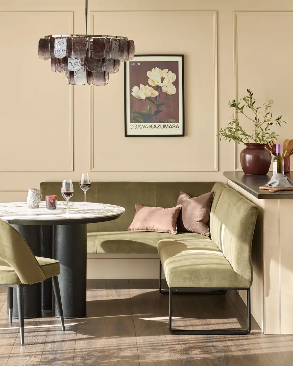 Loop olive green velvet black metal right hand corner 5 seater dining bench