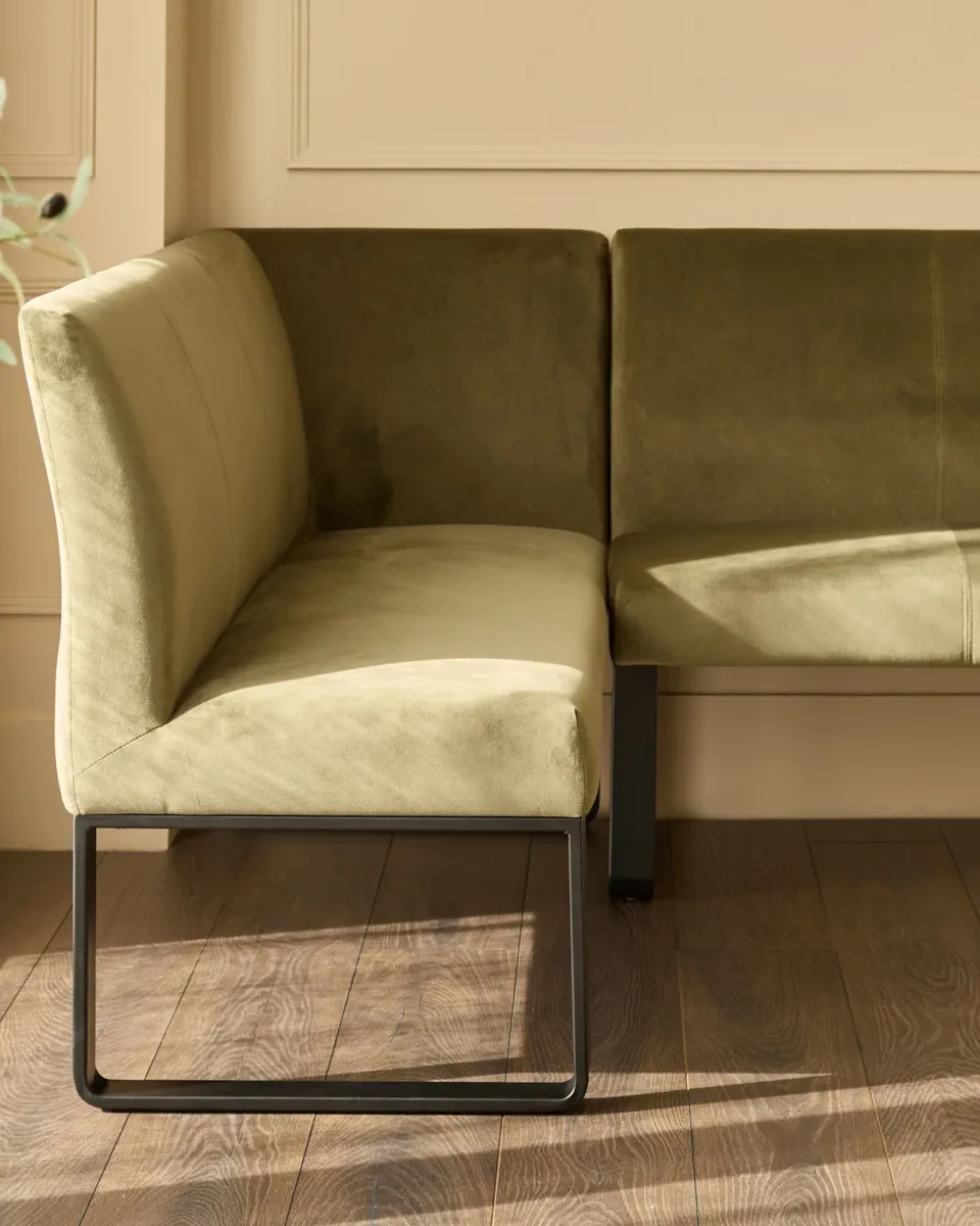 Loop olive green velvet black metal right hand corner 5 seater dining bench - Image 3