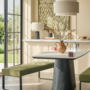 Loop olive green velvet 3 seater black metal dining bench without backrest