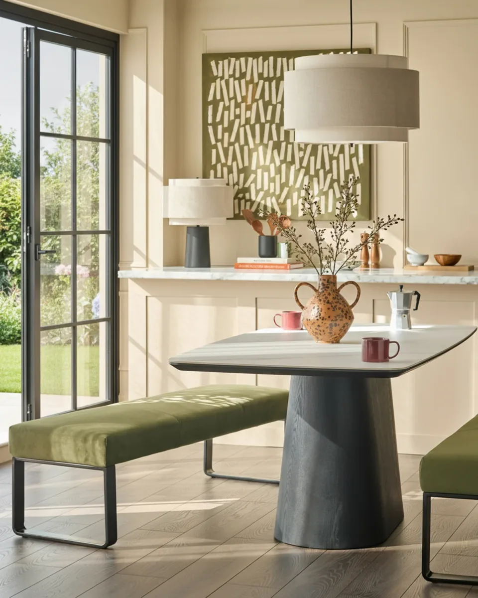 Loop olive green velvet 3 seater black metal dining bench without backrest