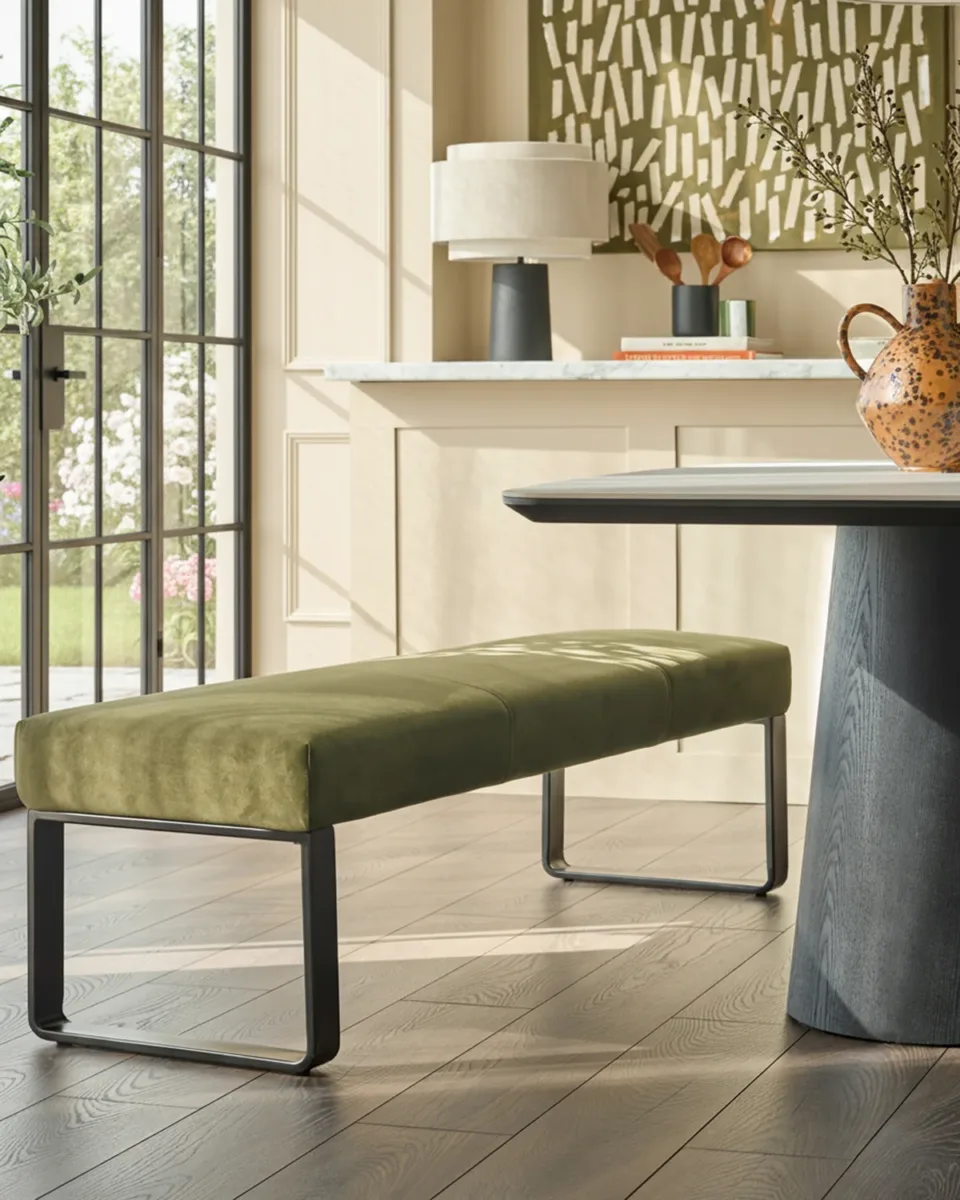 Loop olive green velvet 3 seater black metal dining bench without backrest - Image 2